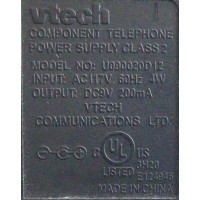 CARGADOR / ADAPTADOR DE FUENTE DE ALIMENTACION VTECH / VCA-VCD / NUMERO DE PARTE U090020D12 / ENTRADA VCA 117V 60HZ 4W / SALIDA VCD 9V 200MA / MODELO U090020D12